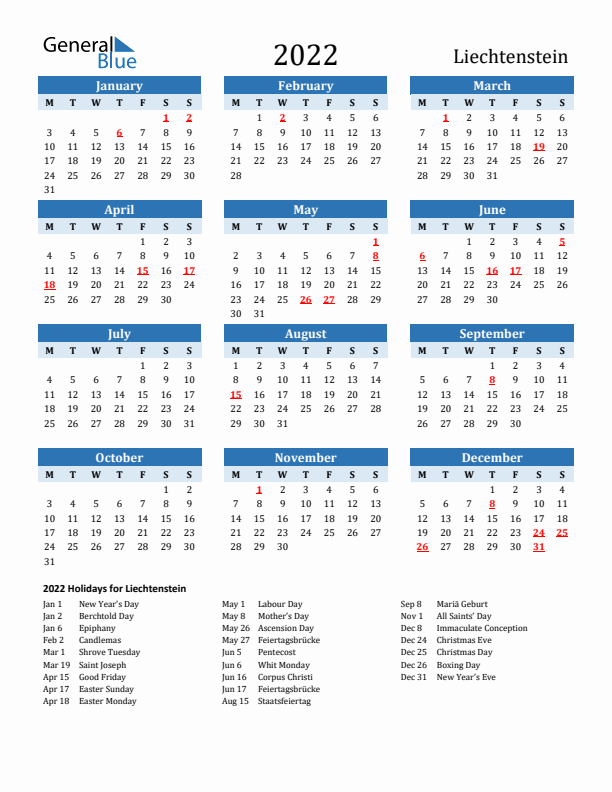 Printable Calendar 2022 with Liechtenstein Holidays (Monday Start)