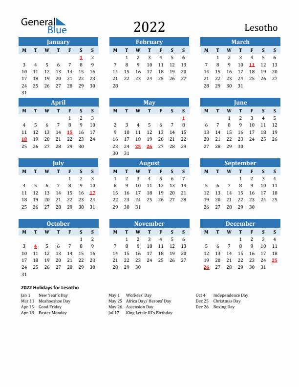 Printable Calendar 2022 with Lesotho Holidays (Monday Start)