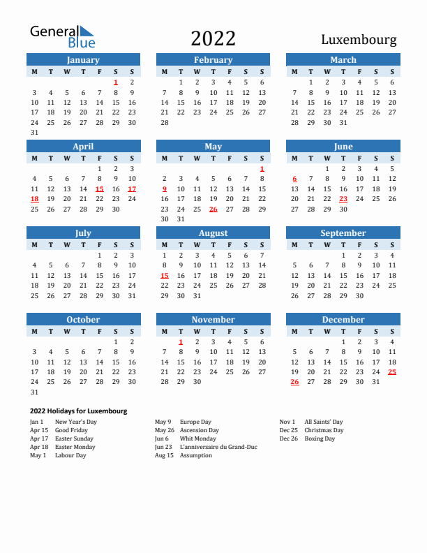 Printable Calendar 2022 with Luxembourg Holidays (Monday Start)