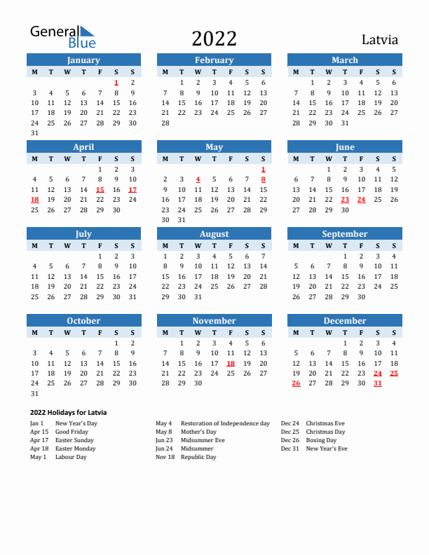 Printable Calendar 2022 with Latvia Holidays (Monday Start)