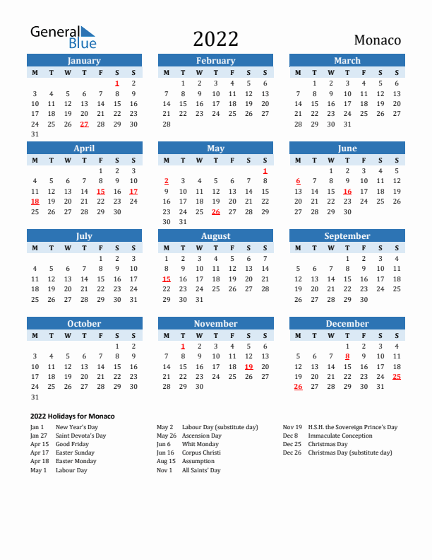 Printable Calendar 2022 with Monaco Holidays (Monday Start)