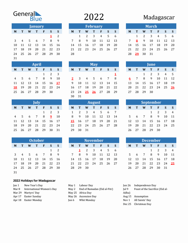 Printable Calendar 2022 with Madagascar Holidays (Monday Start)