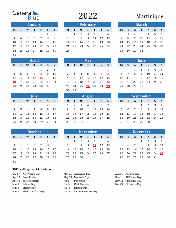 Printable Calendar 2022 with Martinique Holidays (Monday Start)
