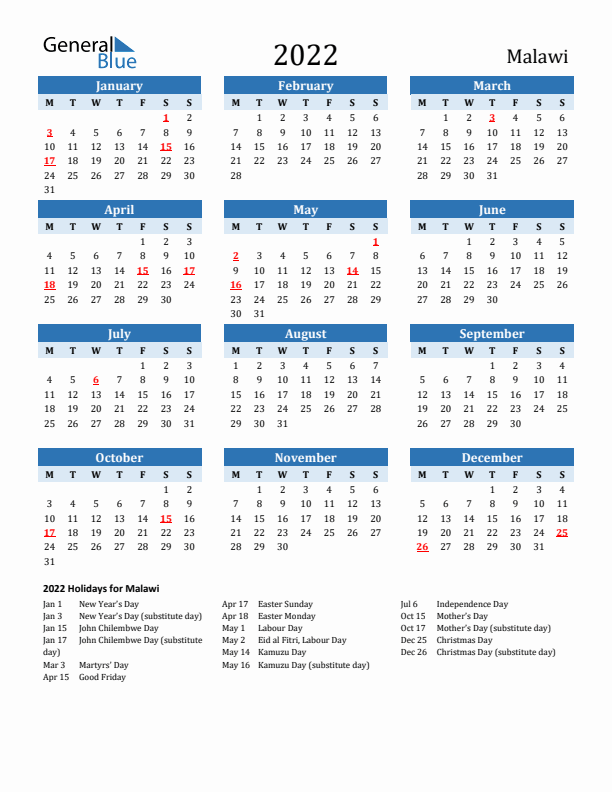 Printable Calendar 2022 with Malawi Holidays (Monday Start)