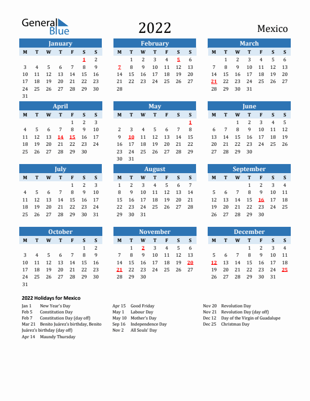 Printable Calendar 2022 with Mexico Holidays (Monday Start)