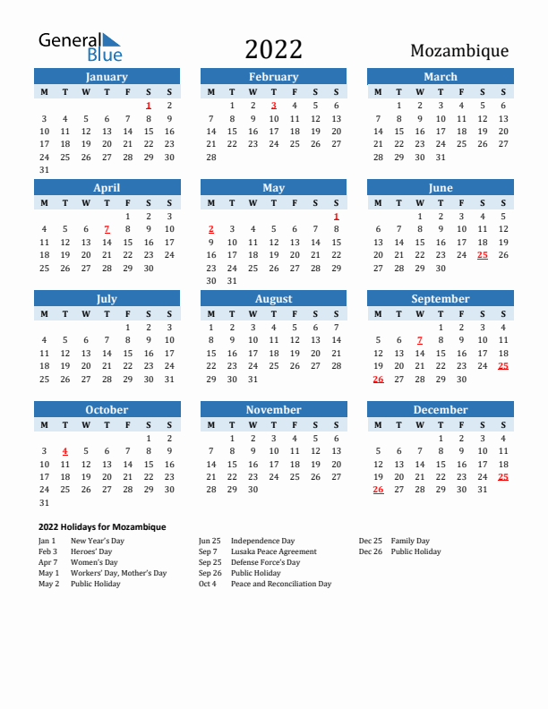 Printable Calendar 2022 with Mozambique Holidays (Monday Start)
