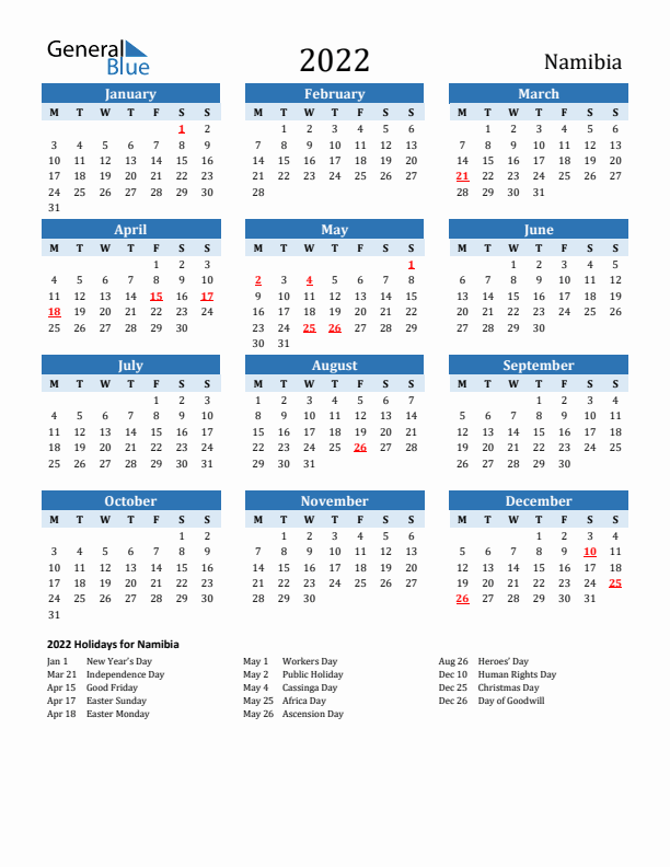 Printable Calendar 2022 with Namibia Holidays (Monday Start)