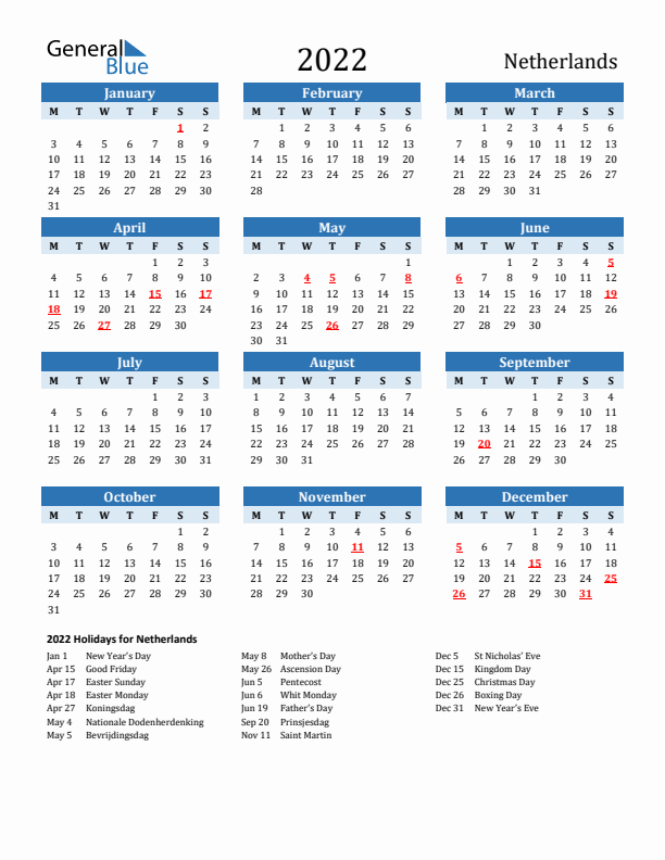Printable Calendar 2022 with The Netherlands Holidays (Monday Start)