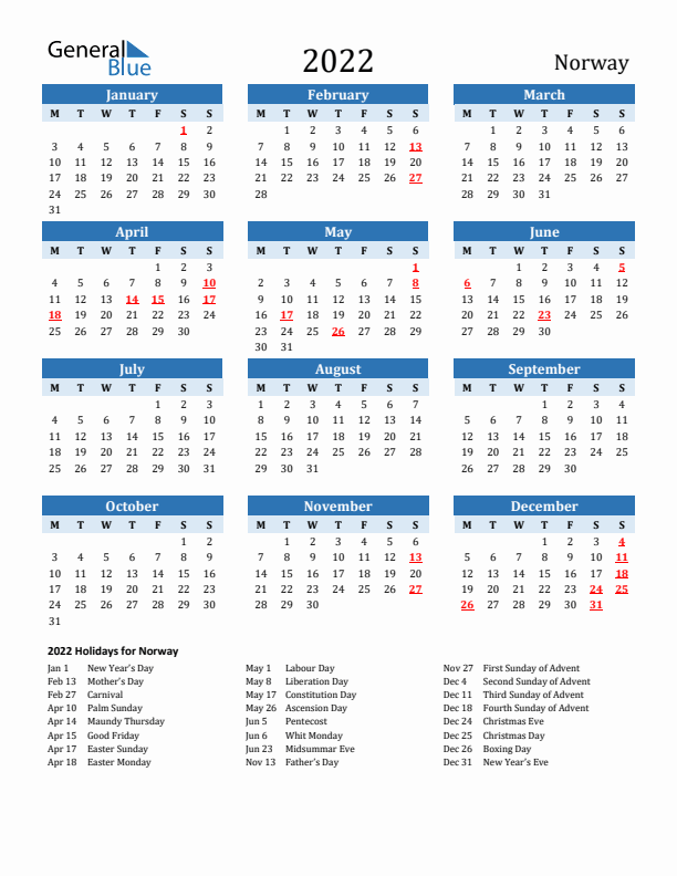 Printable Calendar 2022 with Norway Holidays (Monday Start)