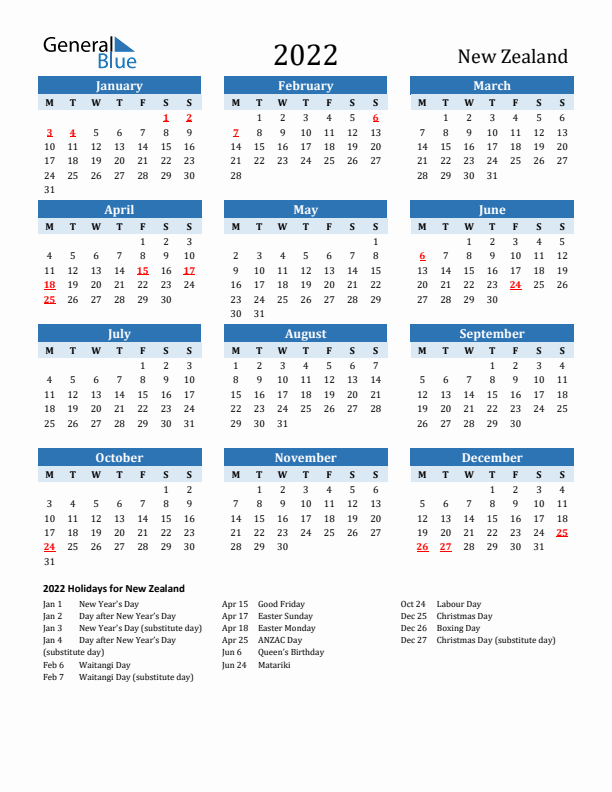 Printable Calendar 2022 with New Zealand Holidays (Monday Start)