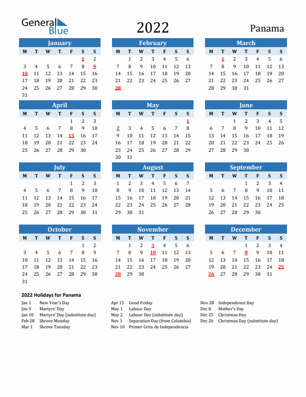 Printable Calendar 2022 with Panama Holidays (Monday Start)