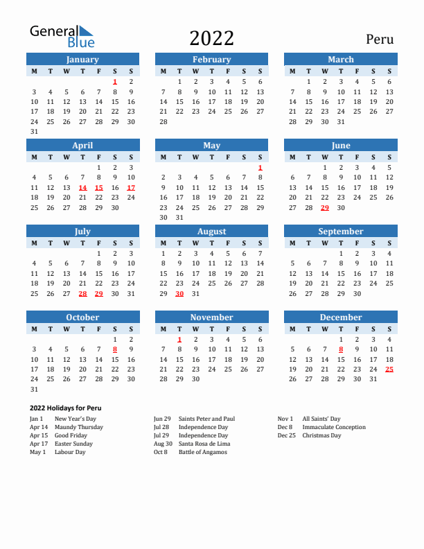 Printable Calendar 2022 with Peru Holidays (Monday Start)