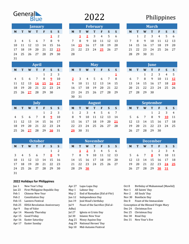 Printable Calendar 2022 with Philippines Holidays (Monday Start)