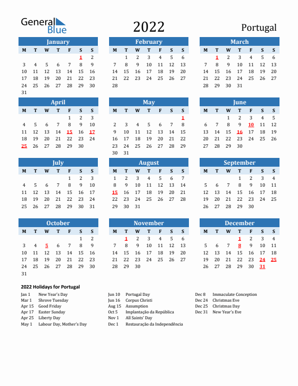 Printable Calendar 2022 with Portugal Holidays (Monday Start)