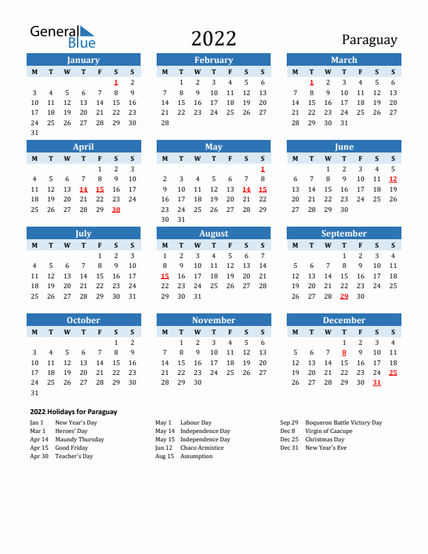 Printable Calendar 2022 with Paraguay Holidays (Monday Start)