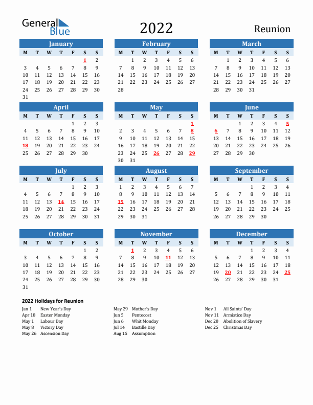 Printable Calendar 2022 with Reunion Holidays (Monday Start)