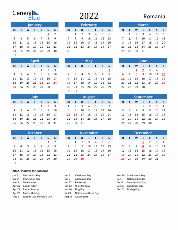 Printable Calendar 2022 with Romania Holidays (Monday Start)