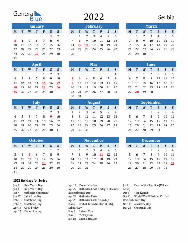 Printable Calendar 2022 with Serbia Holidays (Monday Start)