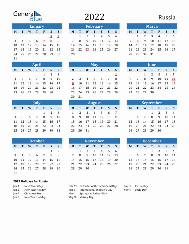 Printable Calendar 2022 with Russia Holidays (Monday Start)