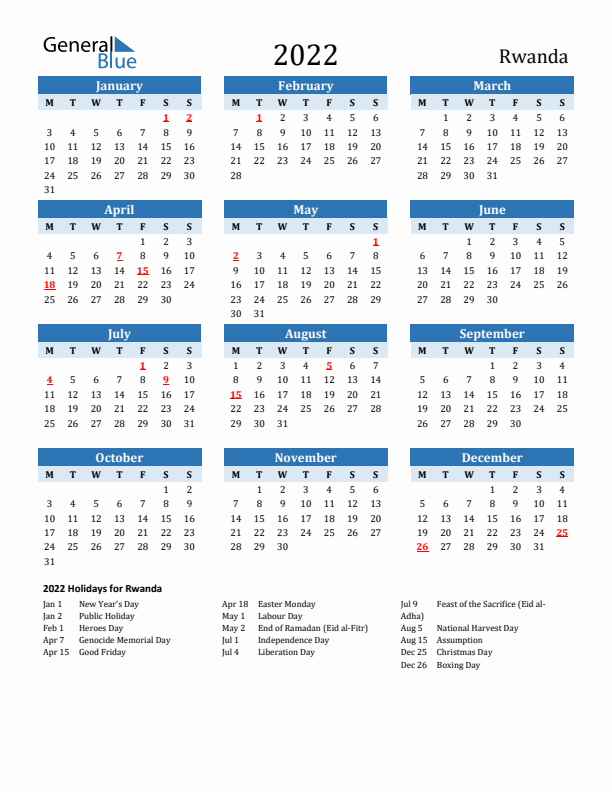Printable Calendar 2022 with Rwanda Holidays (Monday Start)