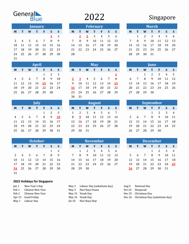 Printable Calendar 2022 with Singapore Holidays (Monday Start)