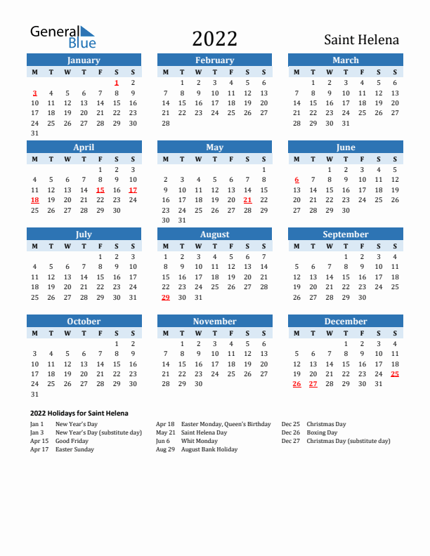 Printable Calendar 2022 with Saint Helena Holidays (Monday Start)