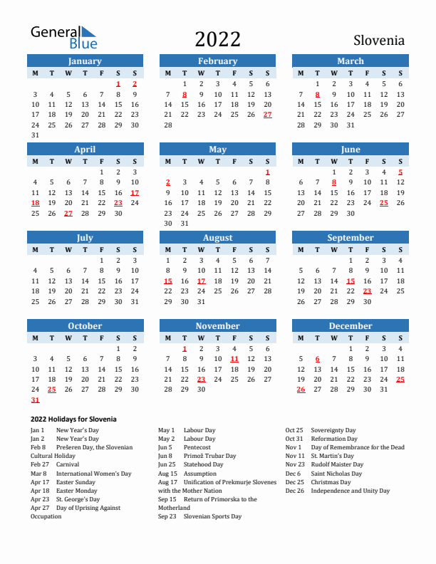 Printable Calendar 2022 with Slovenia Holidays (Monday Start)