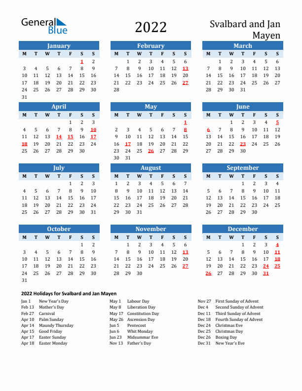 Printable Calendar 2022 with Svalbard and Jan Mayen Holidays (Monday Start)