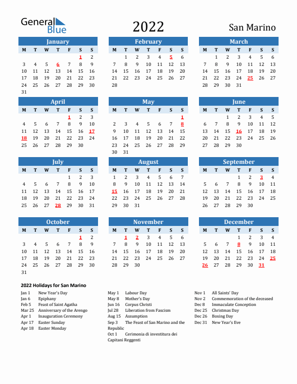 Printable Calendar 2022 with San Marino Holidays (Monday Start)