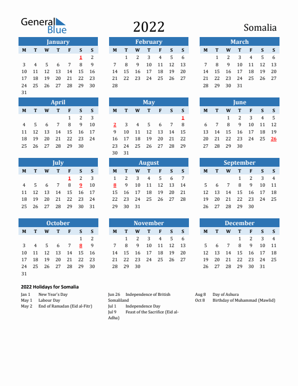 Printable Calendar 2022 with Somalia Holidays (Monday Start)