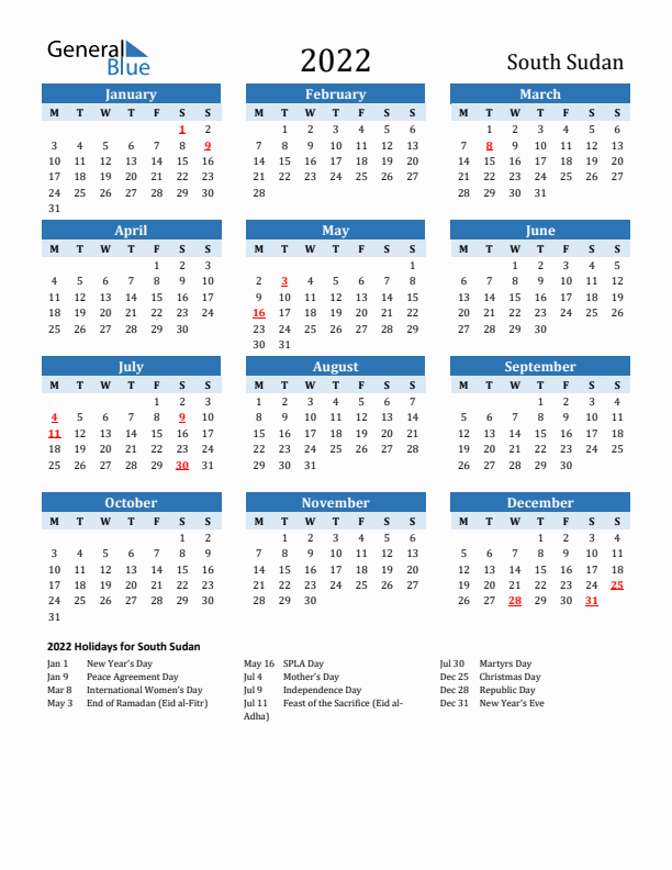 Printable Calendar 2022 with South Sudan Holidays (Monday Start)