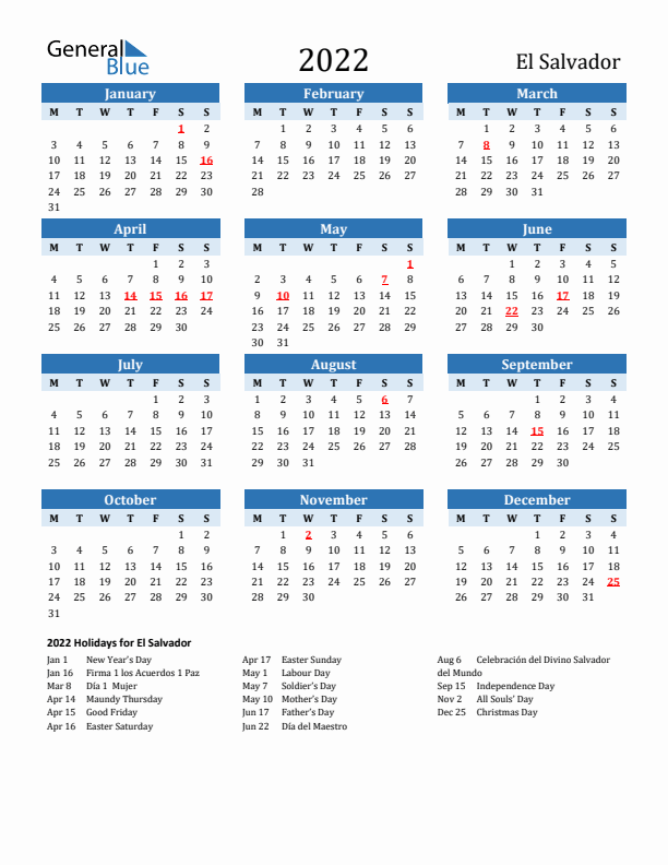 Printable Calendar 2022 with El Salvador Holidays (Monday Start)