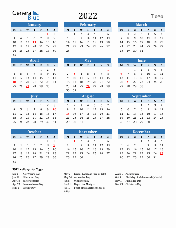 Printable Calendar 2022 with Togo Holidays (Monday Start)