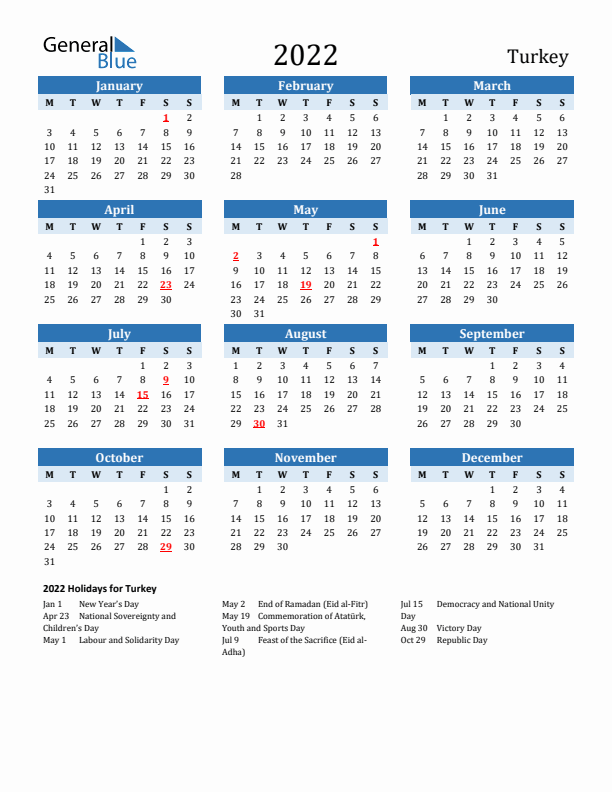 Printable Calendar 2022 with Turkey Holidays (Monday Start)