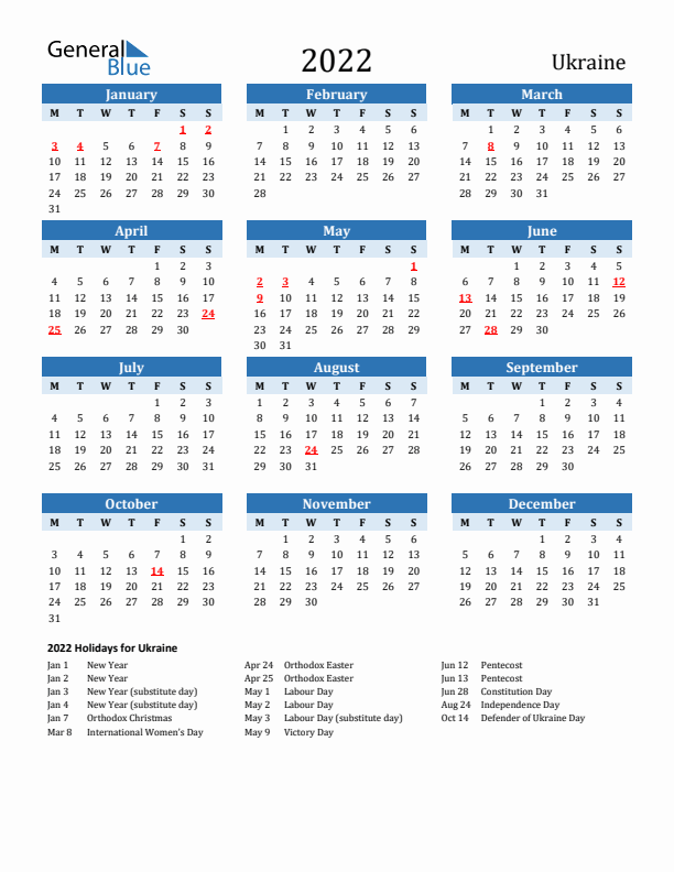 Printable Calendar 2022 with Ukraine Holidays (Monday Start)