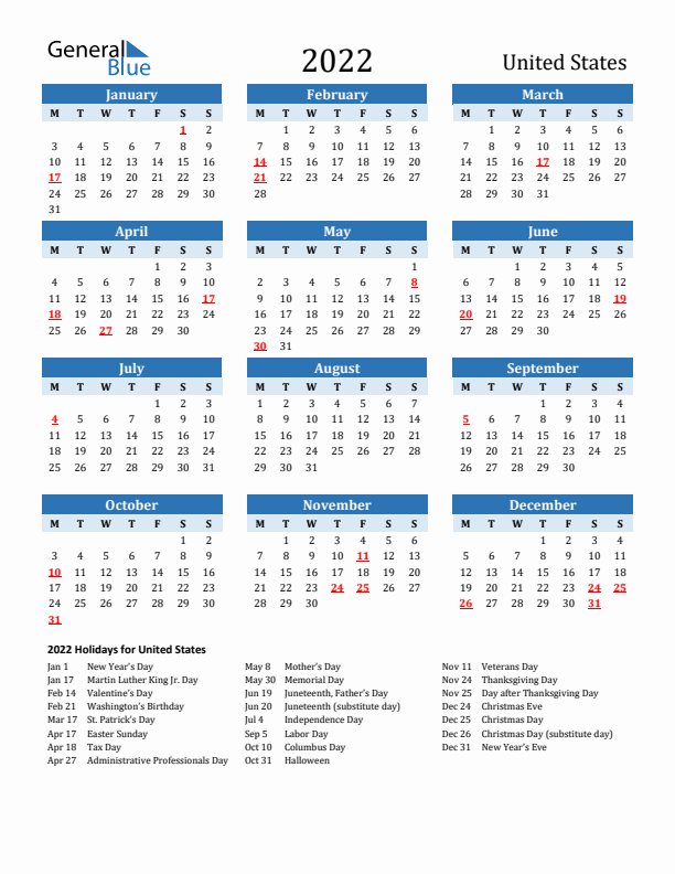 Printable Calendar 2022 with United States Holidays (Monday Start)