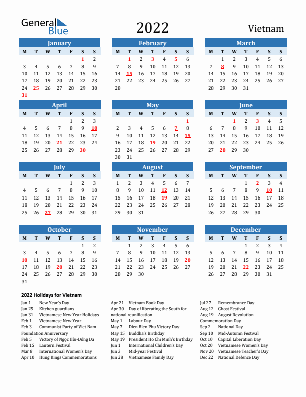 Printable Calendar 2022 with Vietnam Holidays (Monday Start)