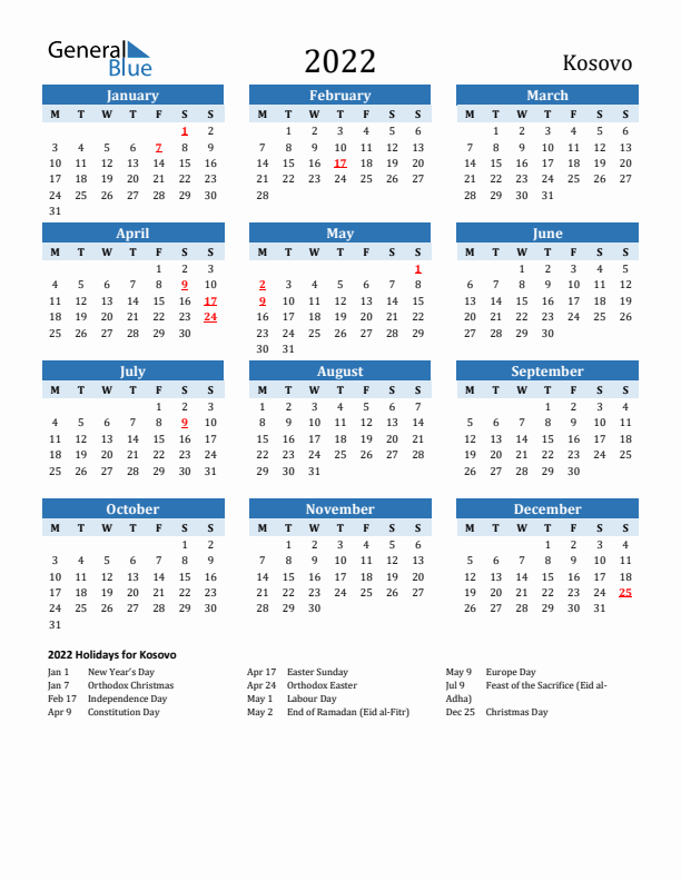 Printable Calendar 2022 with Kosovo Holidays (Monday Start)