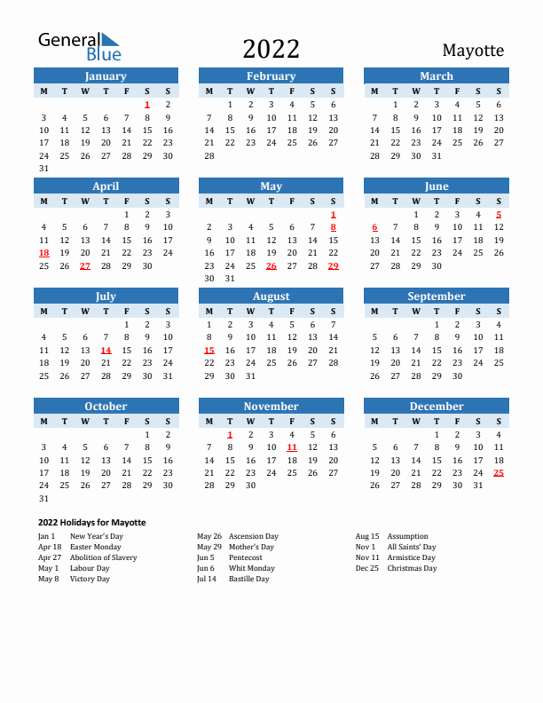 Printable Calendar 2022 with Mayotte Holidays (Monday Start)