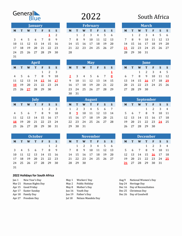 Printable Calendar 2022 with South Africa Holidays (Monday Start)