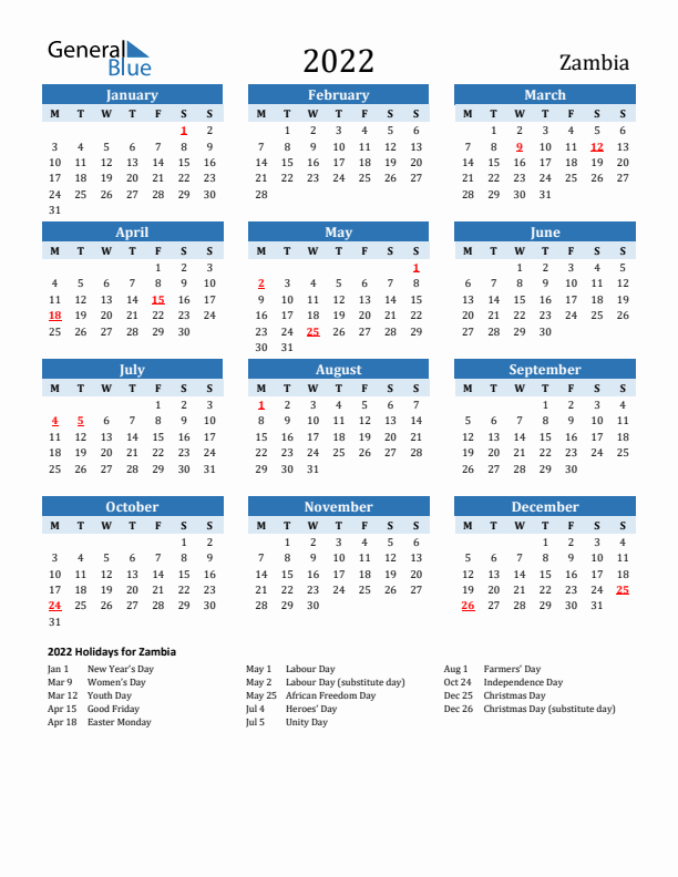 Printable Calendar 2022 with Zambia Holidays (Monday Start)
