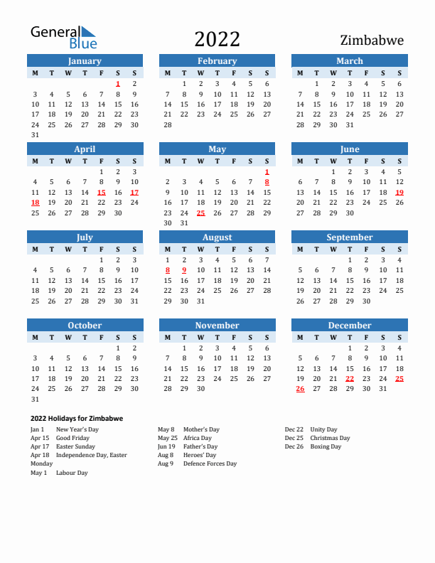 Printable Calendar 2022 with Zimbabwe Holidays (Monday Start)