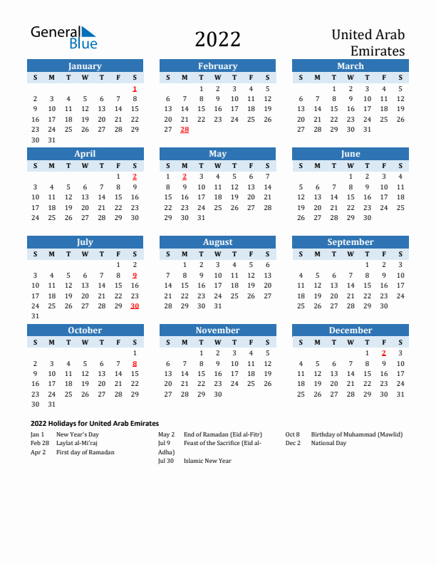 Printable Calendar 2022 with United Arab Emirates Holidays (Sunday Start)