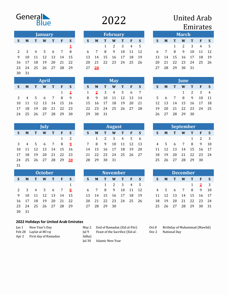 2022 Printable Calendar with United Arab Emirates Holidays