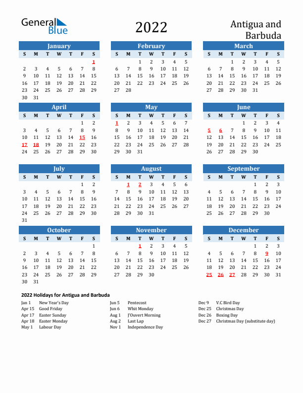 Printable Calendar 2022 with Antigua and Barbuda Holidays (Sunday Start)
