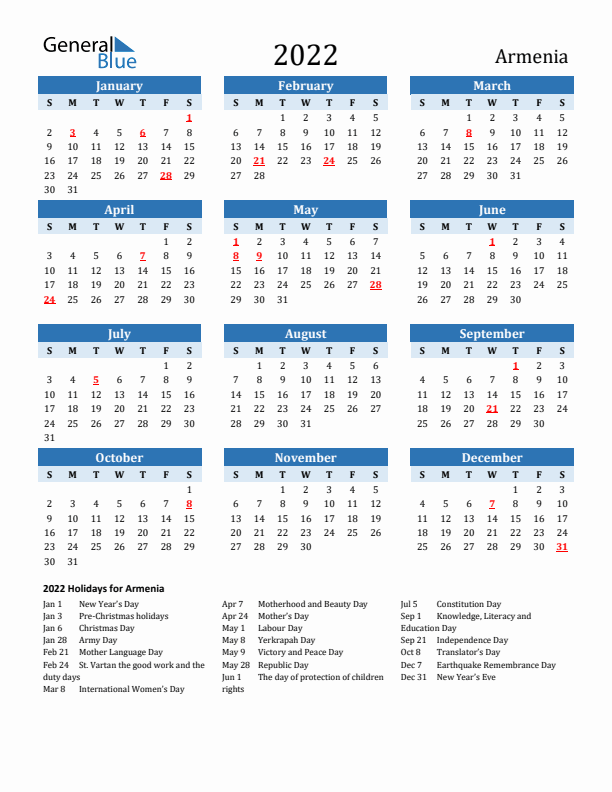 Printable Calendar 2022 with Armenia Holidays (Sunday Start)