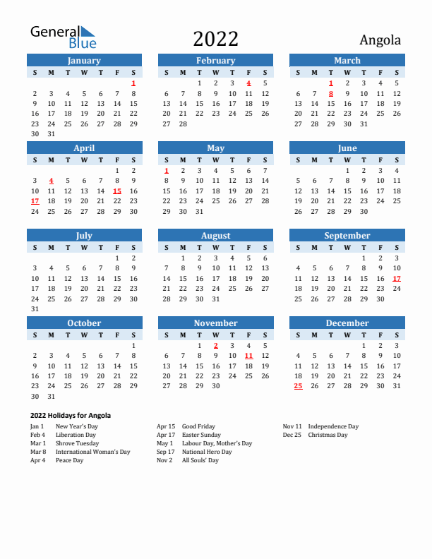 Printable Calendar 2022 with Angola Holidays (Sunday Start)