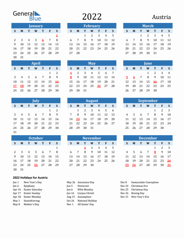 Printable Calendar 2022 with Austria Holidays (Sunday Start)