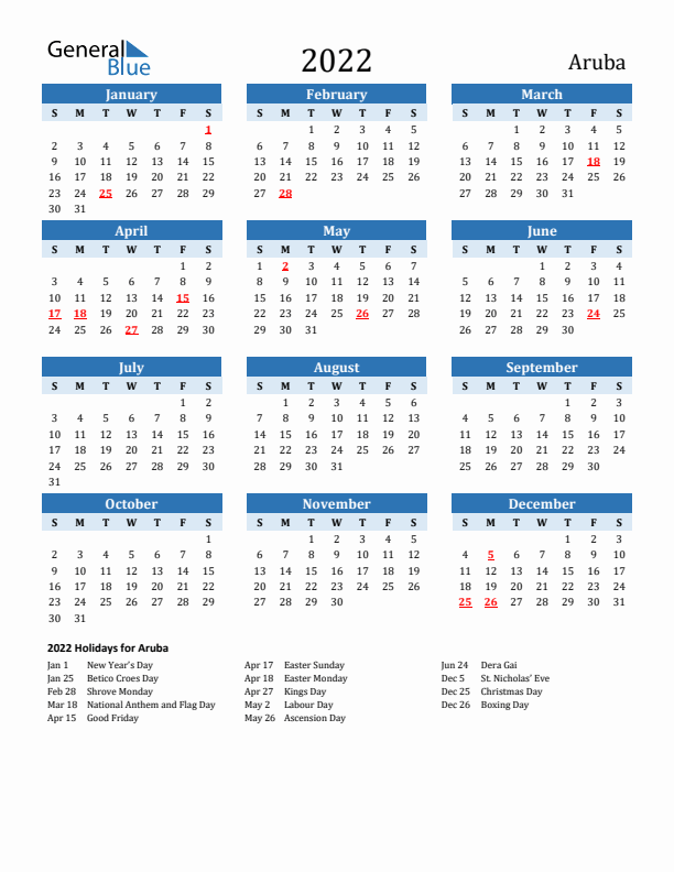 Printable Calendar 2022 with Aruba Holidays (Sunday Start)