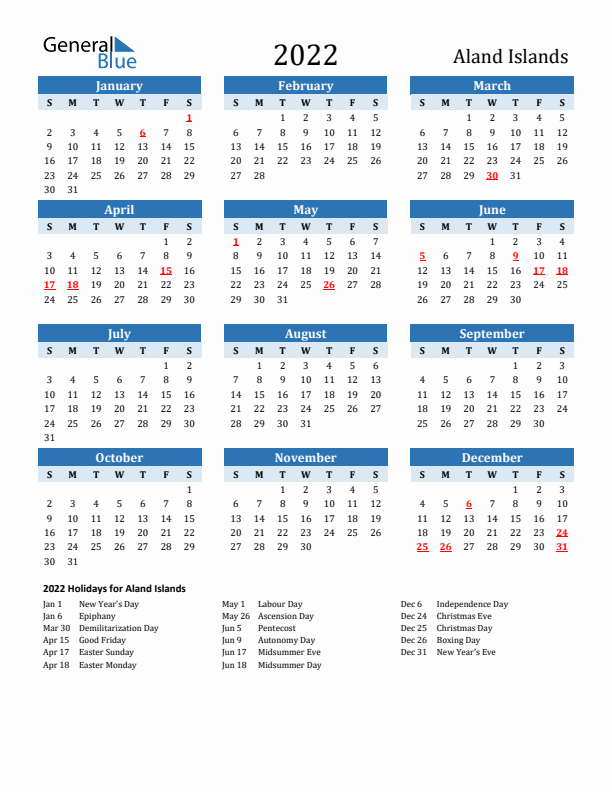 Printable Calendar 2022 with Aland Islands Holidays (Sunday Start)